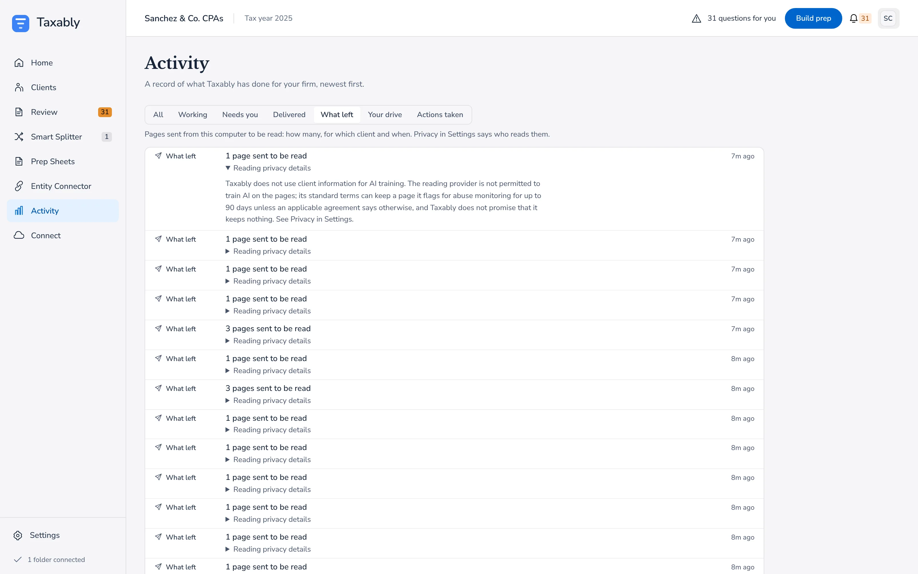 Taxably Connect's Activity log filtered to What left, listing what was sent to be read.