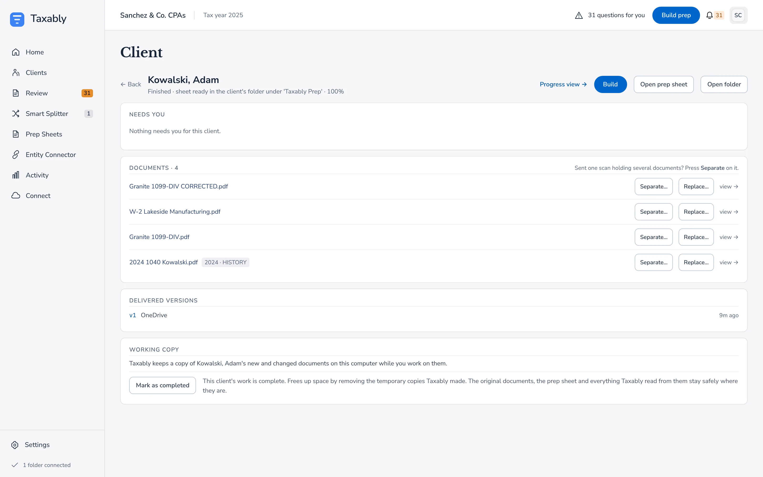A fictional client's page in Taxably Connect with four documents and a delivered prep sheet, version 1.