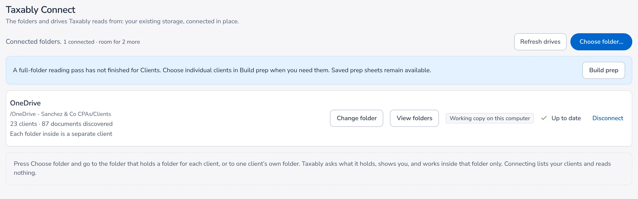 Taxably Connect's Connect screen with the firm's client folder connected from OneDrive: 23 clients, each folder inside a separate client.