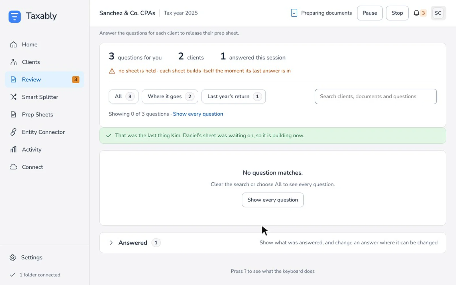 A Review card for a fictional client in Taxably Connect: the filing status question answered with Single, and the question clearing.