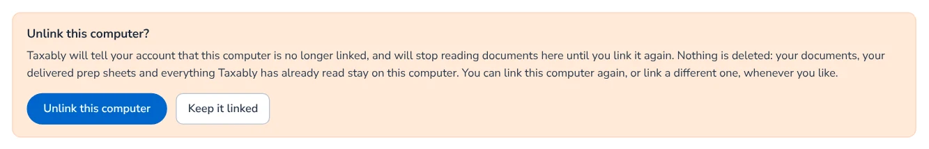 The question Taxably asks before it unlinks: what unlinking does, that nothing is deleted, and Unlink this computer or Keep it linked.