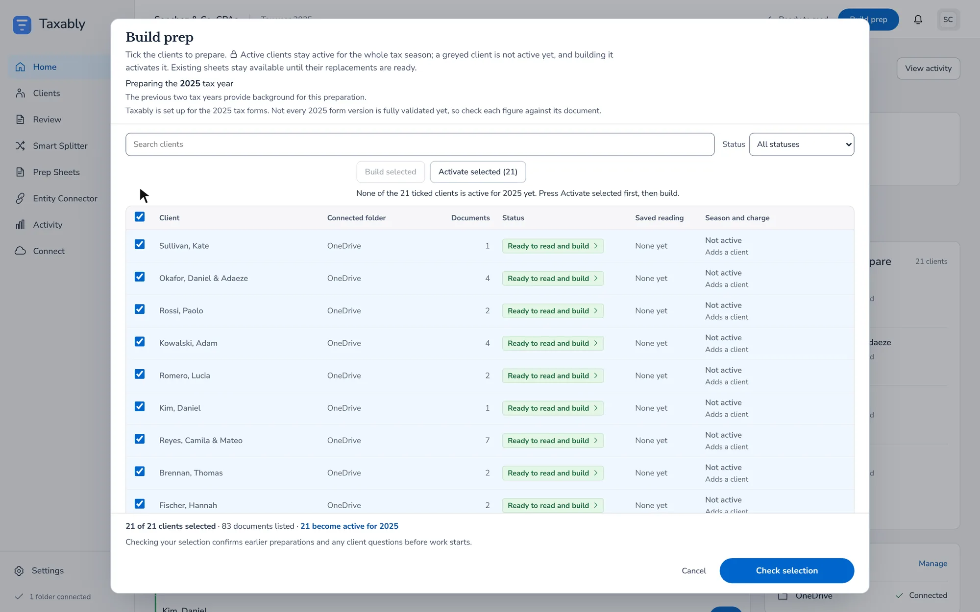 The Build prep dialog with every client ticked by the box at the top of the list and Check selection at the foot.