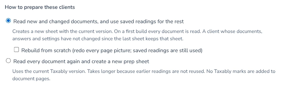 How to prepare these clients in Build prep: Read new and changed documents chosen, the Rebuild from scratch box beneath it, and Read every document again.