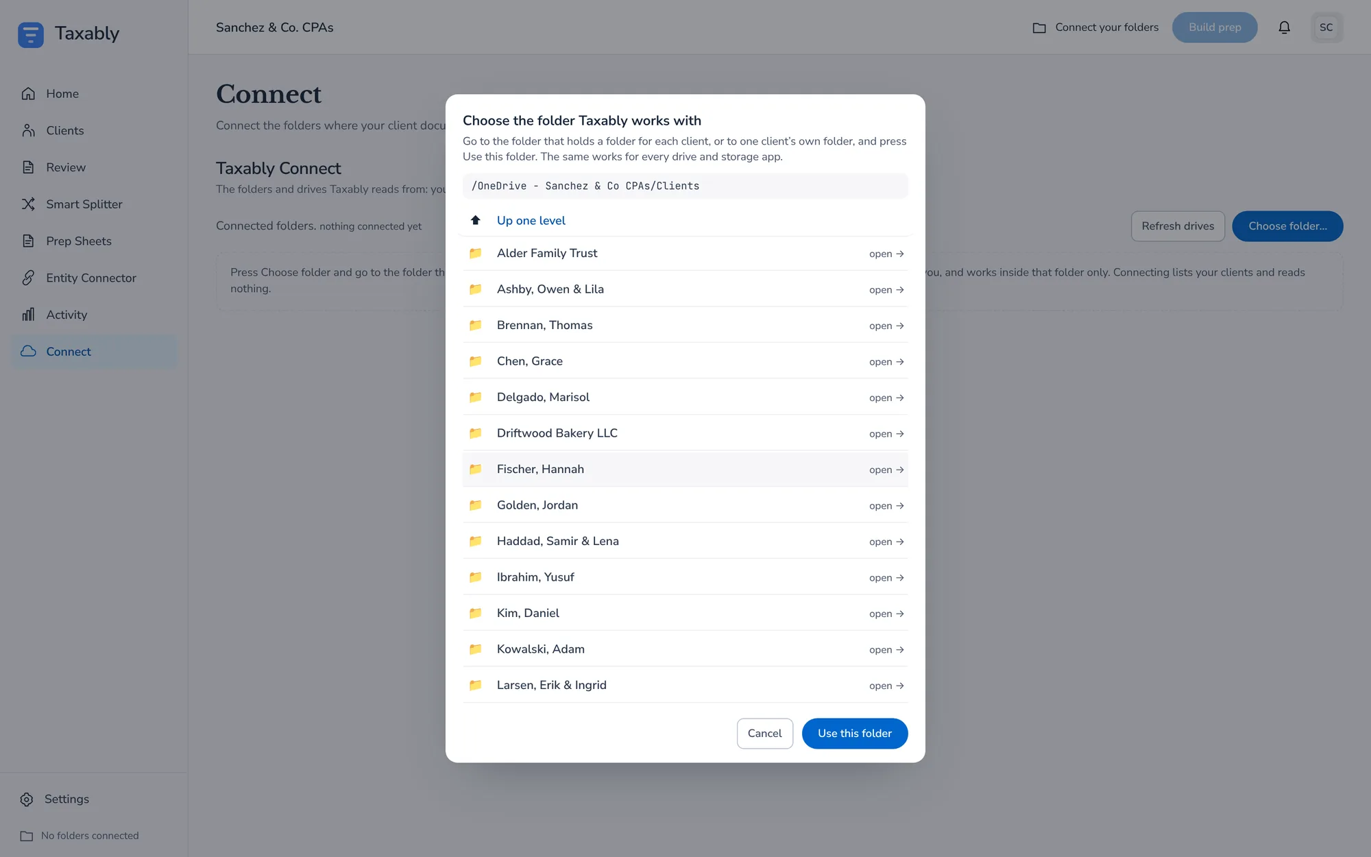 Choose folder in Taxably Connect, opened inside the firm's Clients folder, listing the client folders in it.