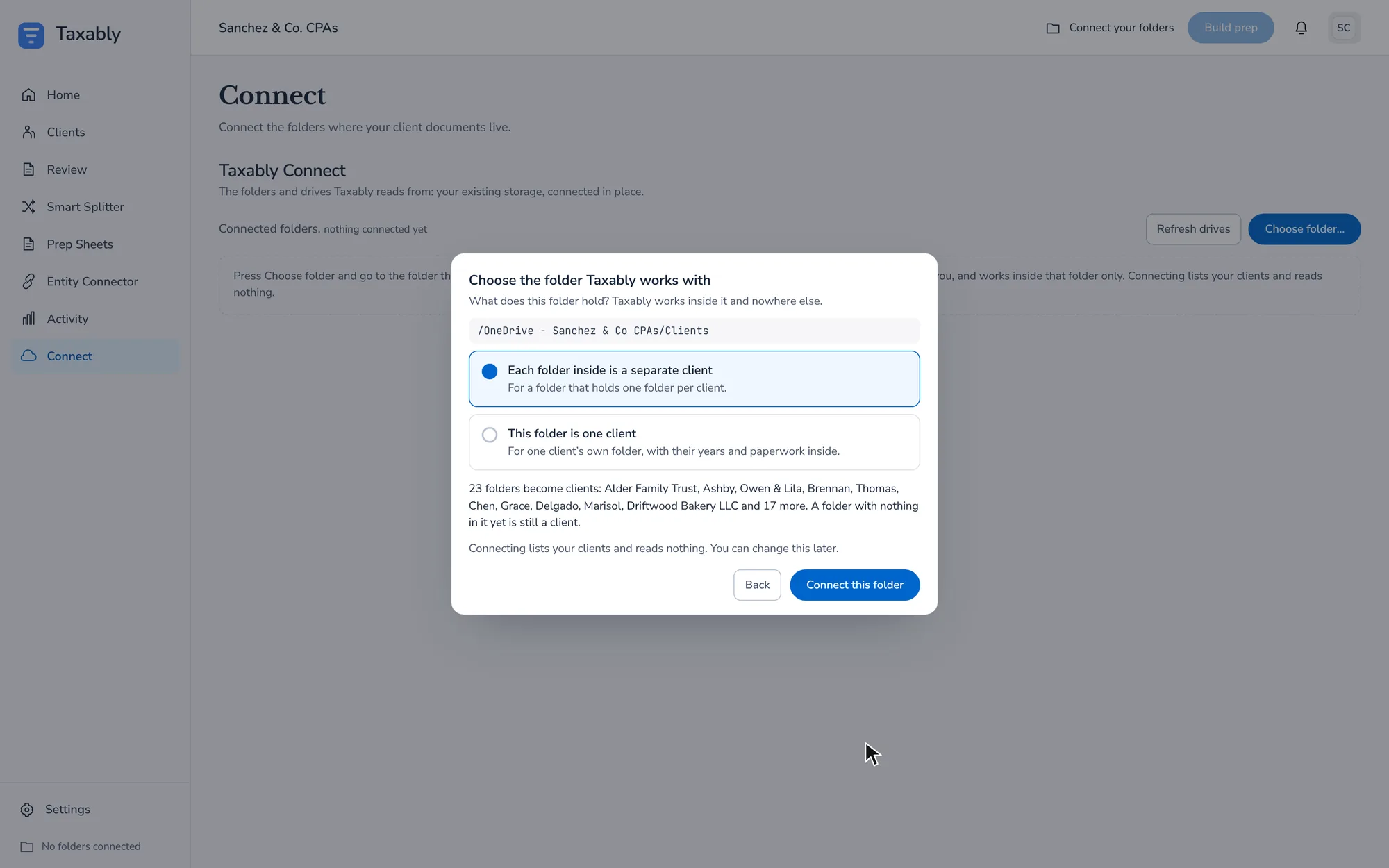 Taxably asking what the chosen Clients folder holds, with Each folder inside is a separate client chosen and the 23 folders that become clients listed.