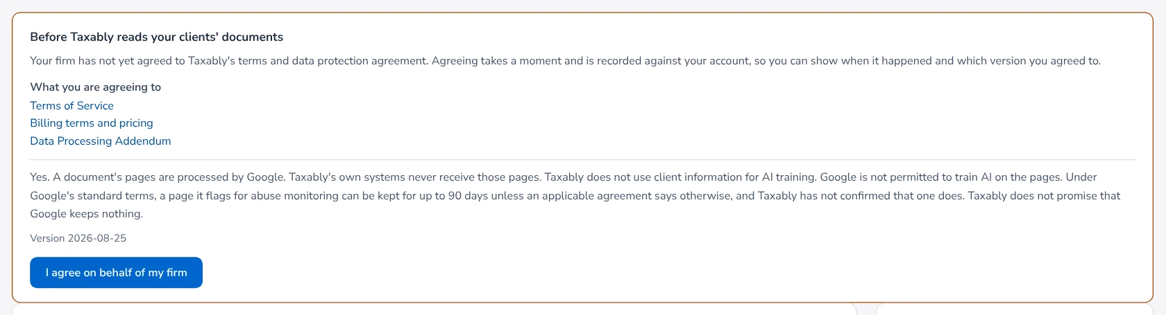 The card titled Before Taxably reads your clients' documents, naming the documents being agreed to, with I agree on behalf of my firm.