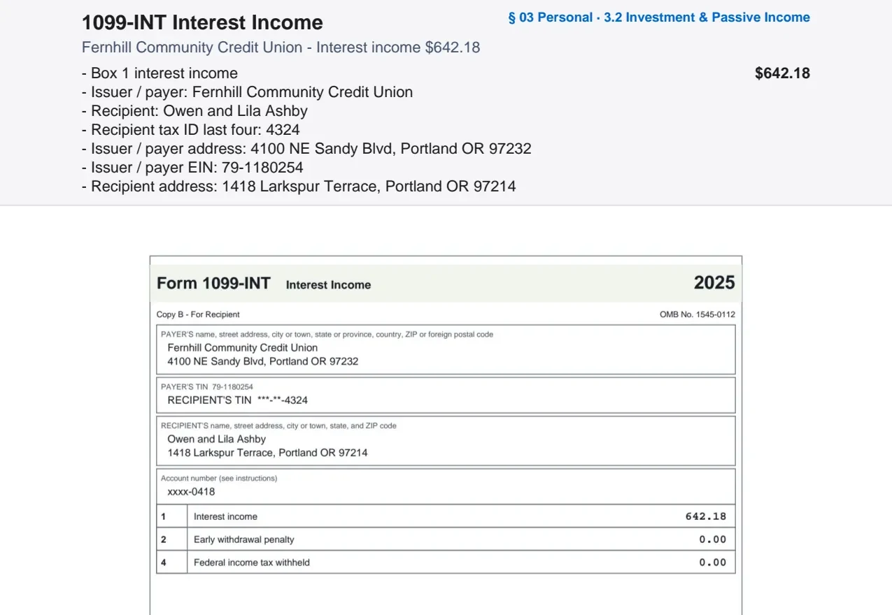 A 1099-INT in a prep sheet: the band above the page lists the box figures Taxably read, the payer, the recipient and the last four digits of the tax ID, and the client's own page sits below it unmarked.