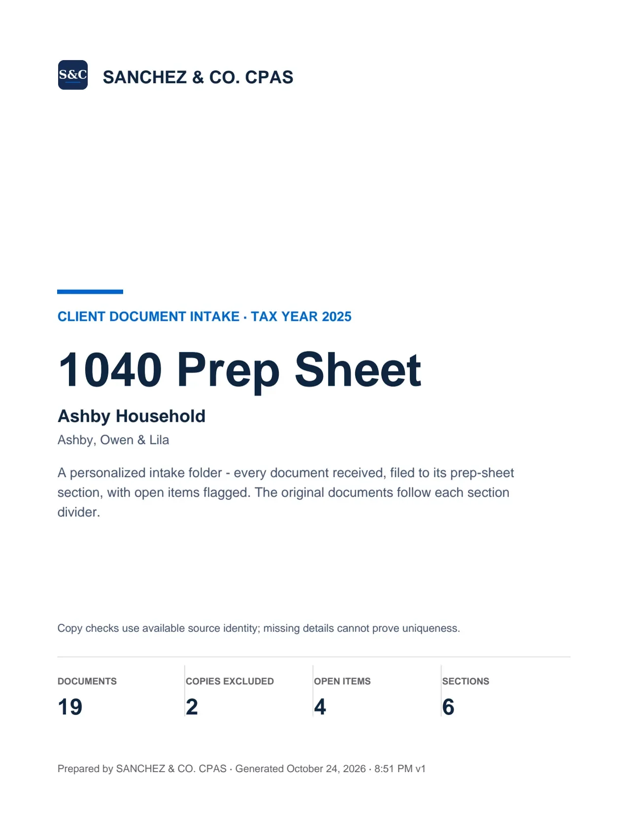 The cover of a fictional household's 1040 prep sheet: the firm's name and logo, the client, the tax year and the counts of documents and open items.