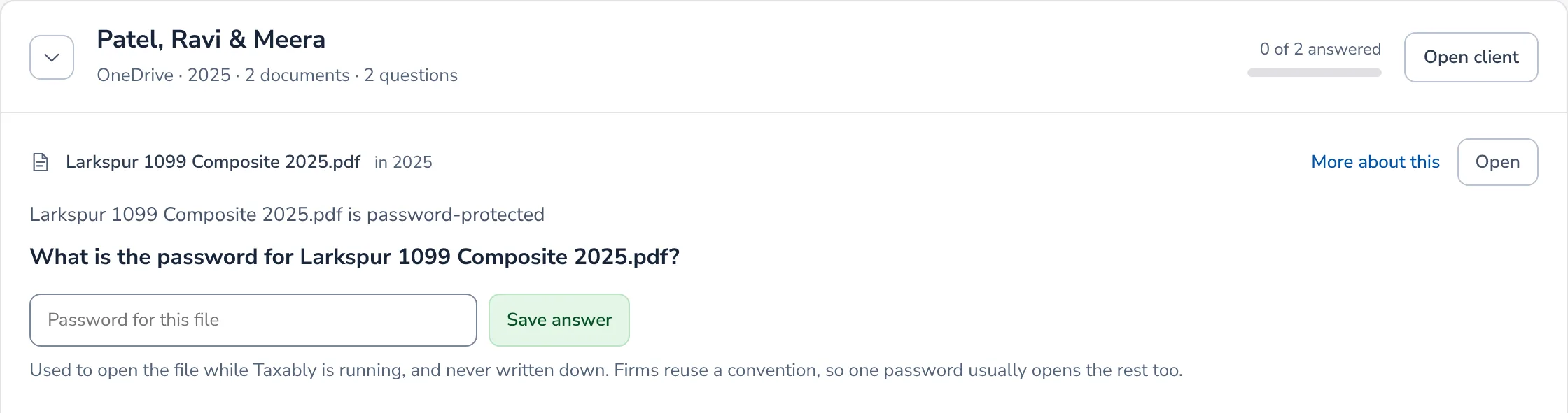 A question on the Review screen about a password-protected 1099 statement, with a box for the password and Save answer.