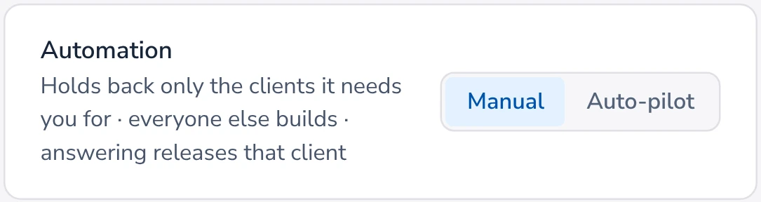 The Automation card in Settings with Manual chosen: Taxably holds back only the clients it needs you for.