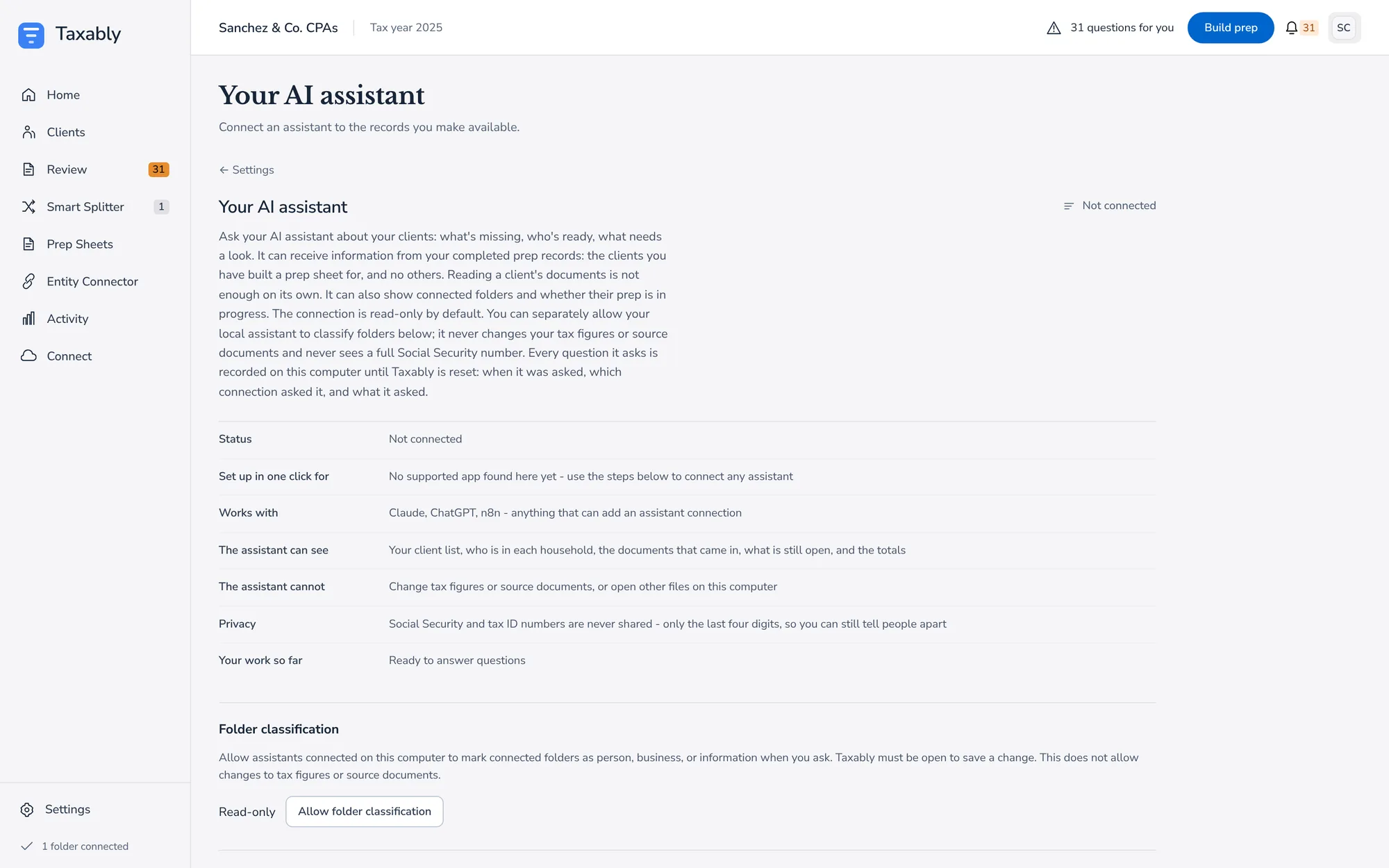 The Your AI assistant screen in Settings: its status, the one-click setup row, what the assistant can and cannot see, and the permission to mark folders as a person, a business or information.